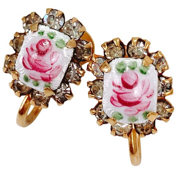 Vintage 1940s Guilloche Rose Rhinestone Gold Tone Screw Back Earrings Dainty - Picture 1 of 10